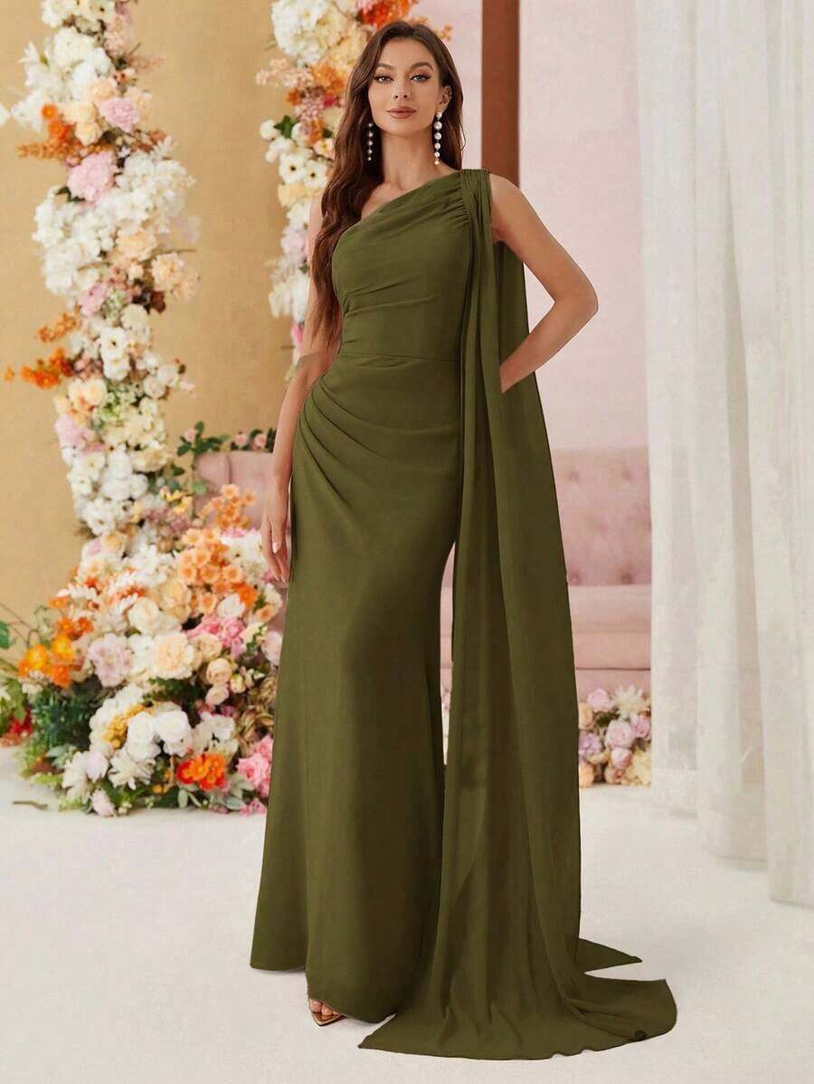 Belle Vestido de dama de honor de gasa con hombro asimétrico y detalles drapeados (adulto) - Verde militar - Ver 1
