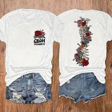 Camiseta de cuello redondo con estampado floral y de letras, top de manga corta informal para mujer, ropa de mujer. - Blanco - Ver 1