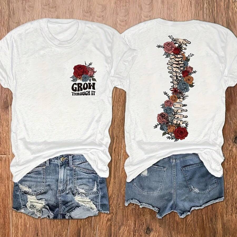 Camiseta de cuello redondo con estampado floral y de letras, top de manga corta informal para mujer, ropa de mujer. - Blanco - Ver 1