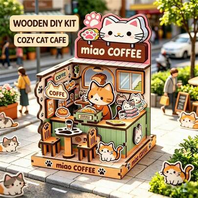 Rompecabezas de madera 3D con escenario callejero de dibujos animados, estilos de animales, Casa de helado/Casa de postres dulces/Mercado de bambú/Casa de café/Campo de fútbol DIY, Mini casa ensamblada, decoración de escritorio curativa, regalo para hombres y mujeres