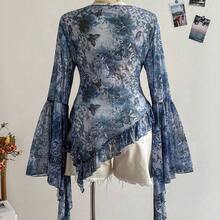 WYWH CURVE Plus Size Women Print Deep V-Neck Flare Sleeve Ruffle Hem Blouse - Multicolor - Ver 3