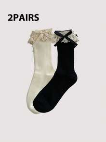 1 Pair/2 Pairs Black Lace Bow Ruffle Mid-Calf Socks, Sweet Short Socks, Spring/Summer Style For Women - Multicolor - View 7