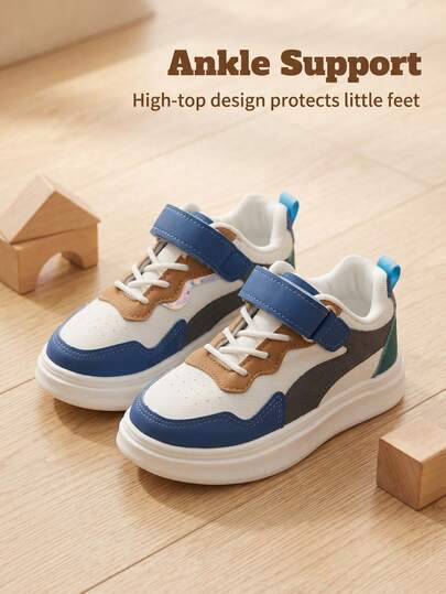 2026 Latest Boys' Shoes - Blue & Brown Retro Contrast Stitching + Laser Small Logo, Breathable Mesh + Soft Leather Patchwork, Ankle Sprain Prevention + Anti-Slip Shock Absorption + Deodorizing, Round Toe Hook And Loop High-Top Style, Soft Thick Sole, Cool Korean Style, Children's Sports Sneakers Suitable For Spring & Autumn School/Multi-Function Running & Jumping