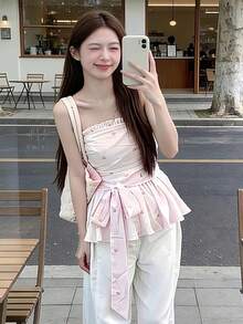 新款韩版碎花吊带背心，独特美观的束腰夏季上衣 - 淺粉色 - 查看 9