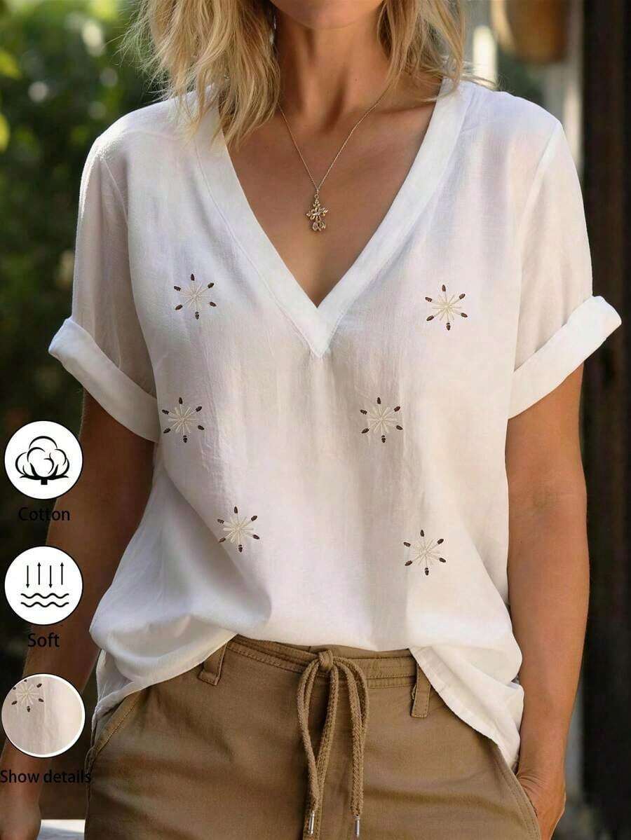 Blusa de mujer de unicolor con escote en V, minimalista y elegante de manga corta, adecuada para el uso diario - Blanco 2 - Ver 1