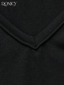 DONICY T-shirt court à col V profond noir moulant pour femmes, Top polyvalent décontracté en tricot extensible - Noir - Voir 3