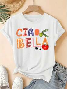 Camiseta Vintage para Mujer Ciao Bella con Estampado de Letras Desgastadas, Blusa de Manga Corta - Top Compatible, Cuello Redondo Suave, Camisa Retro Adecuada para Primavera, Verano y Otoño, Ropa Casual Lavable a Máquina, Atuendos Diarios Juveniles, Adecuada para primavera, verano y otoño. - Blanco - Ver 1