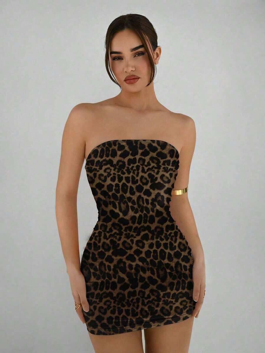 Vestido casual, elegante y sexy de estampado abstracto marrón café, tipo bandeau y ajustado, apropiado para el verano, vacaciones y fiestas - Multicolor - Ver 1