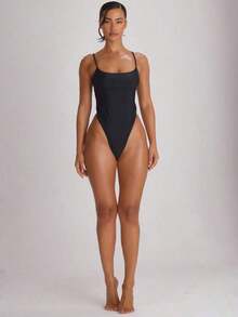 Traje de baño con cuello recto, tirantes y corte alto en la pierna, tipo cheeky.Traje de baño básico unicolor para vacaciones, verano y viajes a la playa. - Negro - Ver 5