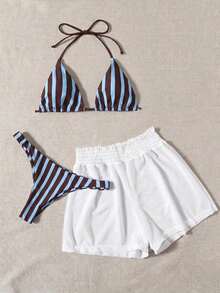 3 piezas de bikini - Bottom a rayas azul y blanco, shorts de cubrir blancos, ropa de playa casual para vacaciones de primavera/verano, fiesta en la playa - Multicolor 3 - Ver 1