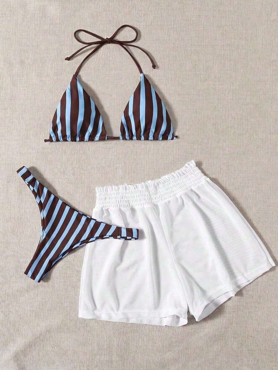 3 piezas de bikini - Bottom a rayas azul y blanco, shorts de cubrir blancos, ropa de playa casual para vacaciones de primavera/verano, fiesta en la playa - Multicolor 3 - Ver 1