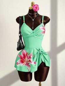 Conjunto de bikini de 2 piezas con estampado floral, accesorio de metal y correa ajustable, de caliente para vacaciones de primavera/verano y playa - Verde - Ver 3