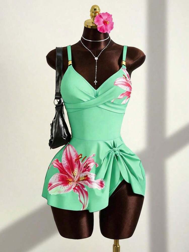 Conjunto de bikini de 2 piezas con estampado floral, accesorio de metal y correa ajustable, de caliente para vacaciones de primavera/verano y playa - Verde - Añade 3