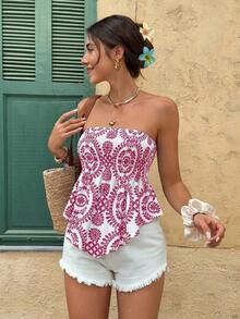 Top tubo/cropped con estampado de plantas para vacaciones de mujer - Rosa Fucsia - Ver 1