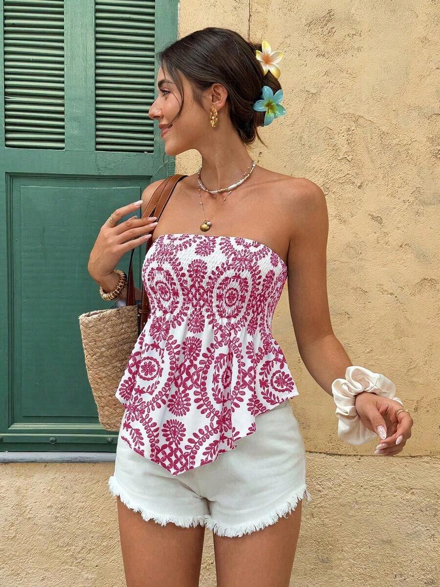 Top tubo/cropped con estampado de plantas para vacaciones de mujer - Rosa Fucsia - Ver 1