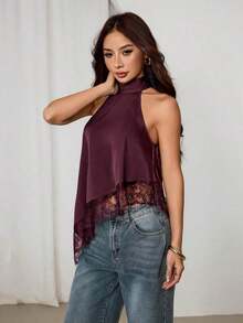 Blusa sin mangas elegante y formal con cuello halter asimétrico, adorno de encaje y hombros descubiertos para fiesta, cóctel, boda o salida nocturna en verano y otoño - Burdeos - Ver 5
