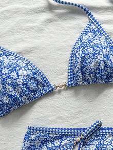 Conjunto de traje de baño de verano para mujer, elegante, romántico, casual, dulce, lindo y sexy.Conjunto básico y versátil de top de bikini halter con estampado floral azul y blanco, Bottom triangular y shorts, apto para playa, resort, spa, lun - Azul y blanco - Ver 4