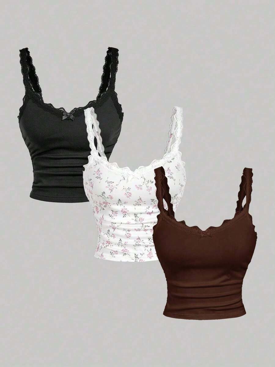 Camiseta de mujer con parche de encaje y decoración de lazo - Multicolor 9 - Ver 1