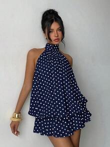 Vestido mini elegante de mujer con estampado de lunares y escote halter sin espalda - Azul marino - Ver 8