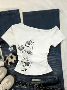 Camiseta casual versátil de mujer con hombro asimétrico y mangas cortas a rayas - Multicolor 9 - Ver 6