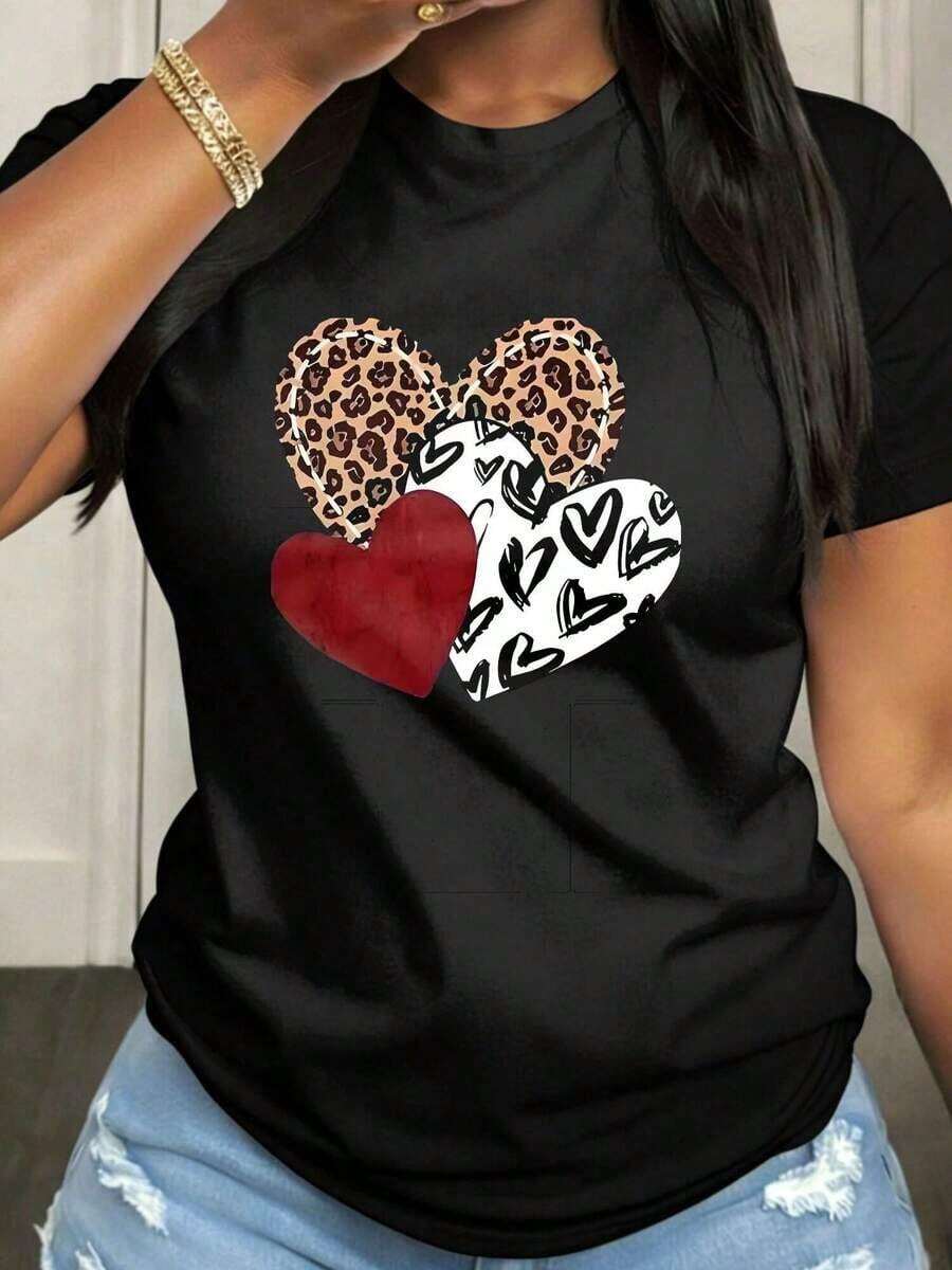 1 Piece Women's T-Shirt For Love Festival And Mother's Day, Short Sleeve, Round Neck, Casual Style, With Medium Elasticity Fabric, Suitable For Spring, Summer And Autumn, Machine Washable, Fun Design, 180g, 100% Cotton. - 黑色 - 查看 1