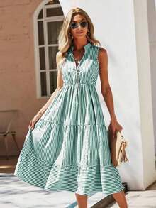 Vestido largo de línea A con cuello en pico y estampado de rayas, atuendo de vacaciones y playa para mujeres - Verde - Ver 1