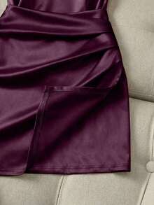 Nuevo vestido de mujer de moda con cuello alto brillante, sin mangas, cintura fruncida y asimétrico de ajuste ceñido - Morado - Ver 5