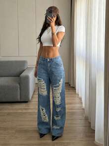 时尚纯色休闲优雅性感派对牛仔破洞口袋拉链纽扣女式牛仔裤，适合日常、生日、派对、返校、单身聚会、春夏穿着。 - 藍色 - 查看 3