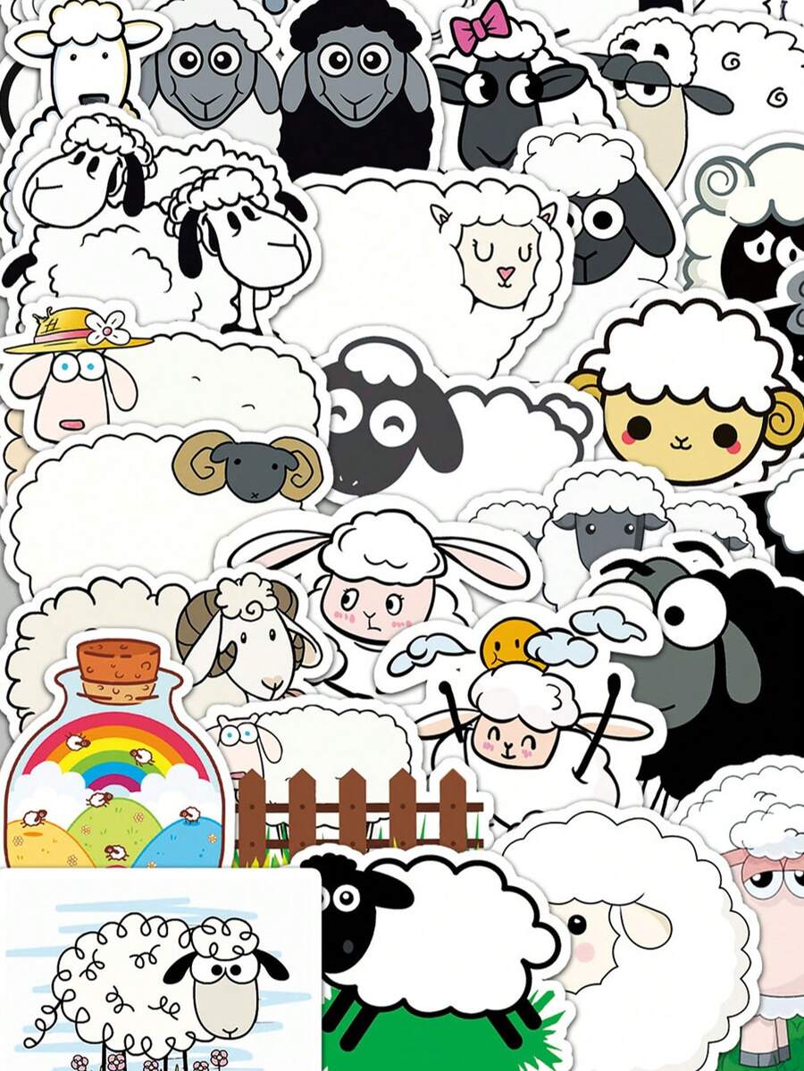 50pcs Cute Sheep Stickers, Animal Themed Creative Graffiti Stickers Suitable For Water Bottles, Guitars, Luggage, Phone Cases, Laptops, Skateboards And Other Decorations - A - View 1