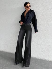 Jeans de mezclilla casual de cintura alta y pierna ancha lavados para mujeres - Negro 2 - Ver 5