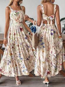 Vestido deslizante casual y elegante con diseño de cintura elástica, lazo de moño y estampado floral para vacaciones y uso diario de mujer - Multicolor - Ver 1
