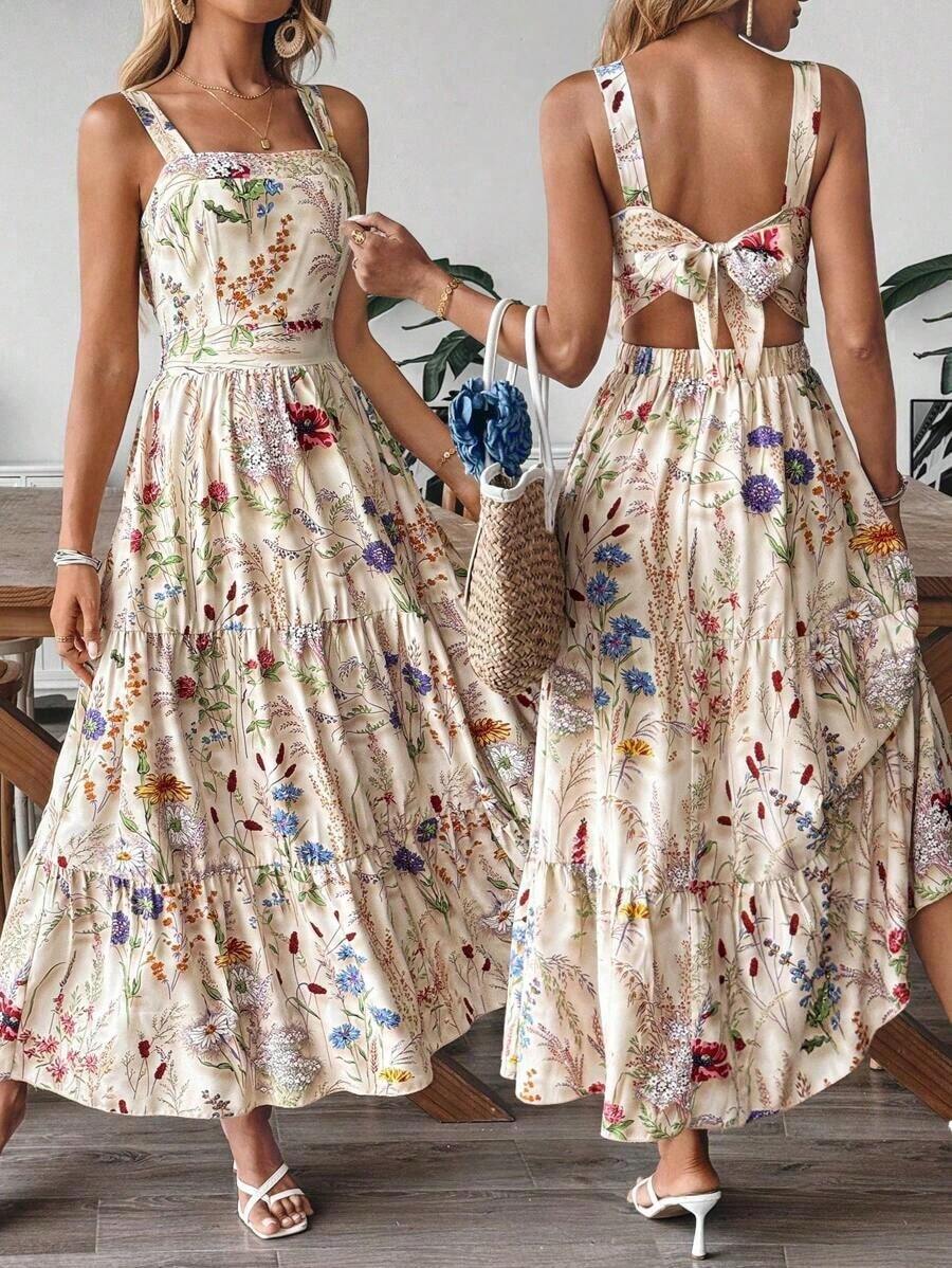 Vestido deslizante casual y elegante con diseño de cintura elástica, lazo de moño y estampado floral para vacaciones y uso diario de mujer - Multicolor - Ver 1