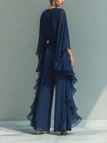 Women's Navy Blue Chiffon Jumpsuit, Formal Jumpsuit With Ruffles And Wide Leg, Elegant Party Outfit 2026 - 深藍色 - 查看 4