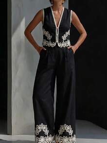 Bộ đồ 2 mảnh phong cách nghỉ dưỡng Look Polly dành cho nữ, áo vest không tay thêu ren kiểu Bohemian và quần ống rộng màu đen. - màu đen - Xem 3