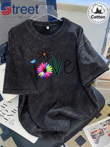 Nueva camiseta de verano vintage de algodón lavado y desgastado, de manga corta, con estampado floral americano y de pájaros con la palabra LOVE, top de talla grande para mujer, corte holgado, hombros caídos, cuello redondo, estilo oversize, cómoda y a la moda, versátil para el día a día, ropa de mujer estilo y2k. - Gris - Ver 9