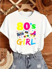 Vintage Camiseta para Mujer con Diseño Divertido de Chica de  80s,Estilo Retro con Patines,Gafas y Radiocasete,Ideal para un Look Casual y Original.Fashion 100% Cotton100% Cotton100% Cotton - Blanco - Ver 7