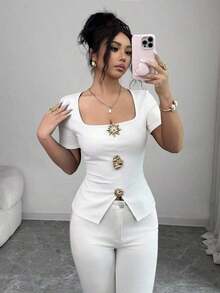 Blusa elegante y urbana de cuello cuadrado con decoración metálica de manga corta ajustada para mujer, adecuada para uso diario, bodas, galas, viajes, fiestas de graduación, vacaciones, citas, fiestas, Halloween, Navidad, Año Nuevo, Acción de Gracias, bodas - Blanco - Ver 3