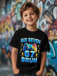 Camiseta de manga corta con cuello redondo para niño, estilo casual, deportivo, retro americano, con estampado de dibujos animados, estilo vacacional, sencilla y relajada, adecuada para primavera/verano, uso diario, estilo urbano, hogar, vacaciones, moda de primavera y verano, conjuntos de verano, comodidad fácil, capas para niños, niños con estilo, ropa casual, camisetas gráficas para niños, regreso a la escuela, ropa de primavera y verano, regreso a casa. - Negro - Ver 1