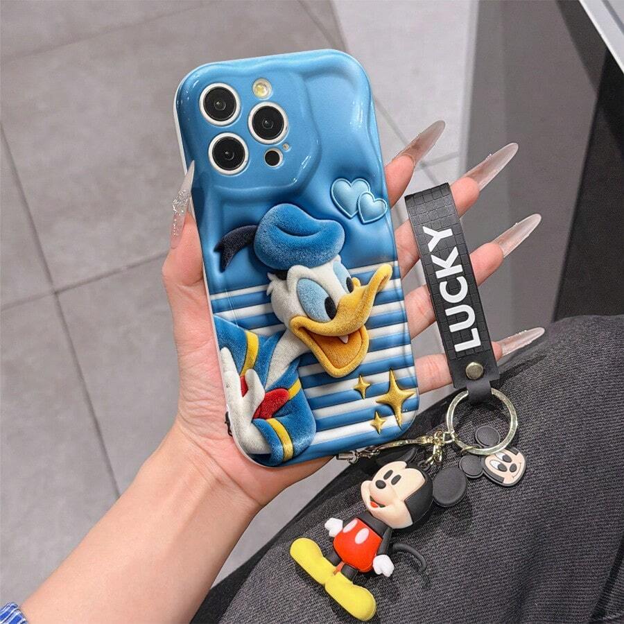 Disney Mickey Mouse Clubhouse Phone Case : 3D Fluffy Pattern Border Protector Phone Soft Phone Case With A Free Cute Mickey Bracelet Chain Lanyard, Mickey, Minnie, Goofy, Donald Duck, Daisy Duck, Pluto, For Apple 17 Promax 17 Pro 16 15 14 13 12 11 Pro Max XS Max X XR Soft Cover Summer Phone Case - 白色 - 查看 1