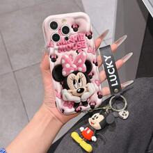 Disney Mickey Mouse Clubhouse Phone Case : 3D Fluffy Pattern Border Protector Phone Soft Phone Case With A Free Cute Mickey Bracelet Chain Lanyard, Mickey, Minnie, Goofy, Donald Duck, Daisy Duck, Pluto, For Apple 17 Promax 17 Pro 16 15 14 13 12 11 Pro Max XS Max X XR Soft Cover Summer Phone Case - trắng - Xem 1