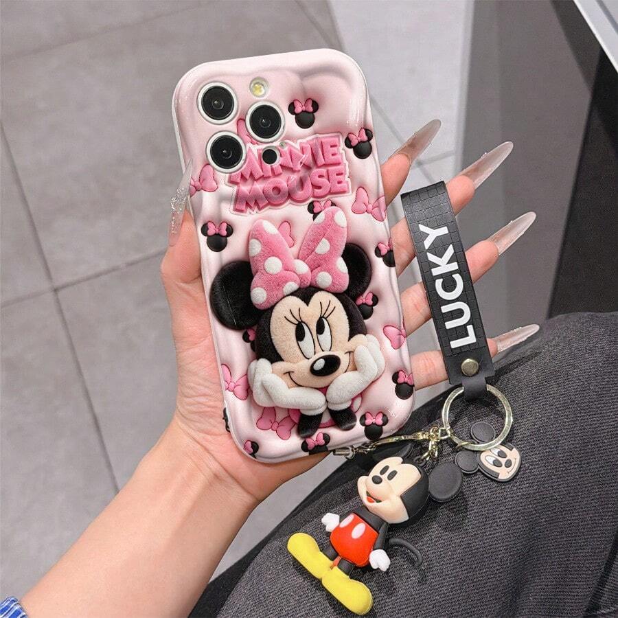 Disney Mickey Mouse Clubhouse Phone Case : 3D Fluffy Pattern Border Protector Phone Soft Phone Case With A Free Cute Mickey Bracelet Chain Lanyard, Mickey, Minnie, Goofy, Donald Duck, Daisy Duck, Pluto, For Apple 17 Promax 17 Pro 16 15 14 13 12 11 Pro Max XS Max X XR Soft Cover Summer Phone Case - trắng - Xem 1