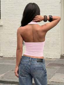 Camiseta corta con cuello halter, escote profundo en V, empalme de metal, espalda descubierta y plisados, adecuada para uso diario, ir al trabajo, citas, vacaciones, Día de San Valentín, verano casual - Rosa - Ver 8
