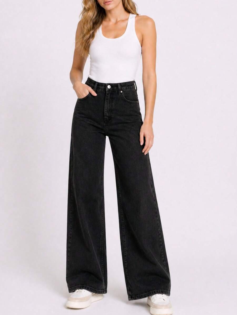 High Waist Wide Leg Comfort Stretch Daily Wear Denim Women Jean - Dark Grey - View 1