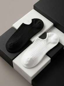 2 Pairs Men's Striped Invisible Socks Black & White Low-Cut Socks With Anti-Slip Heel Design - Multicolor - View 6