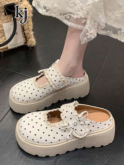 Women's Platform Wedge Sandals, Non-Slip Comfortable Soft Canvas Lace Bow Polka Dot Round Toe Strap Thick Bottom Mary Jane Shoes, European And American College Style, Suitable For Spring/Autumn, Dating, Shopping, Daily Wear, Beige