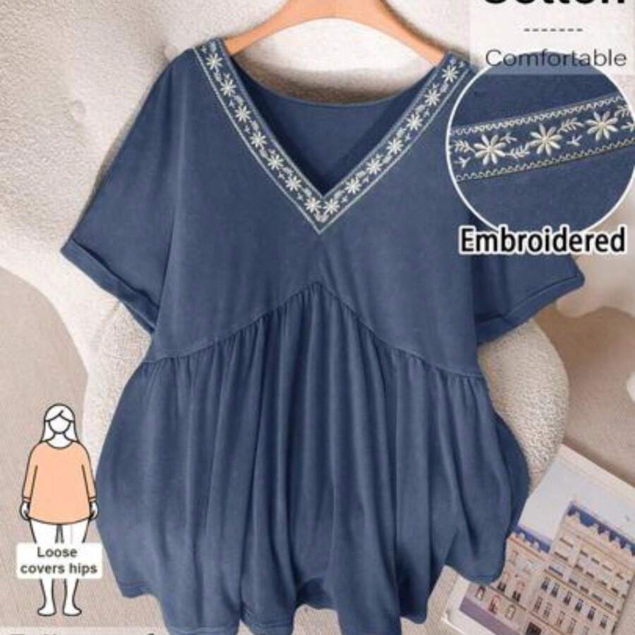 CosyJoli Plus Size Women V-Neck Embroidered Casual Washed Short Sleeve T-Shirt, Going Out Tops - Azul - Ver 1