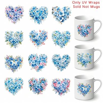 12pcs/ Set Cherry Floral Heart UV DTF Packaging Decals- Self-Adhesive Transfer Paper, Suitable For Mugs, Glasses, Bottles, And DIY Crafts, PVC Material, Romantic Cherry And Floral Design, Perfect For School Supplies And Art Projects