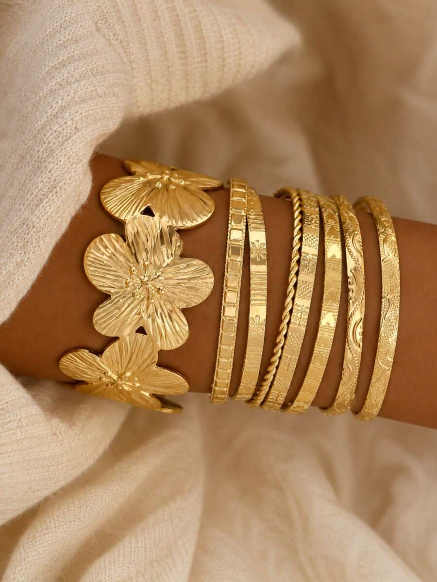 8pcs/Set European & American Style Bracelet Set, Hammered, Arrow, Floral, Exaggerated Hexagram Design, Twist Clasp Bracelets, Jewelry Gift - Yellow Gold - View 1