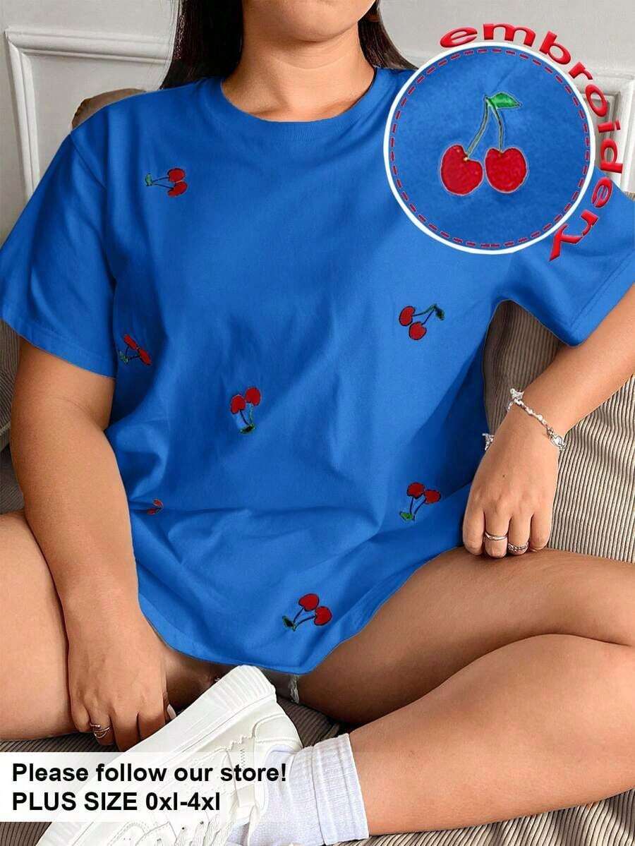 Envío gratis, entrega local enéxico, entrega en 4 días.Camiseta casual negra de manga corta talla con bordado de cerezas. - Azul marino - Ver 1
