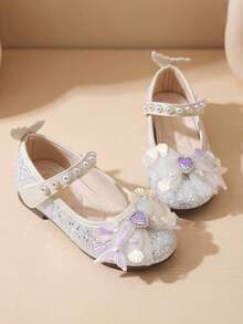 3-12 Years Old Girls' Mermaid Sequin Sandals. Silver Sequins + Rhinestone Decor. Laser Cut Fishtail + Mesh Decor. Heel With Small Wings. Princess Formal Style. Suitable For Theme Parties And Stage Performances! - Beige - View 3